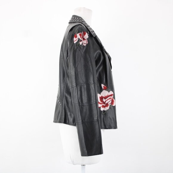 V Christina Sz L Black Silver Studded Floral Pockets Polyurethane AS IS Jacket - Picture 7 of 16